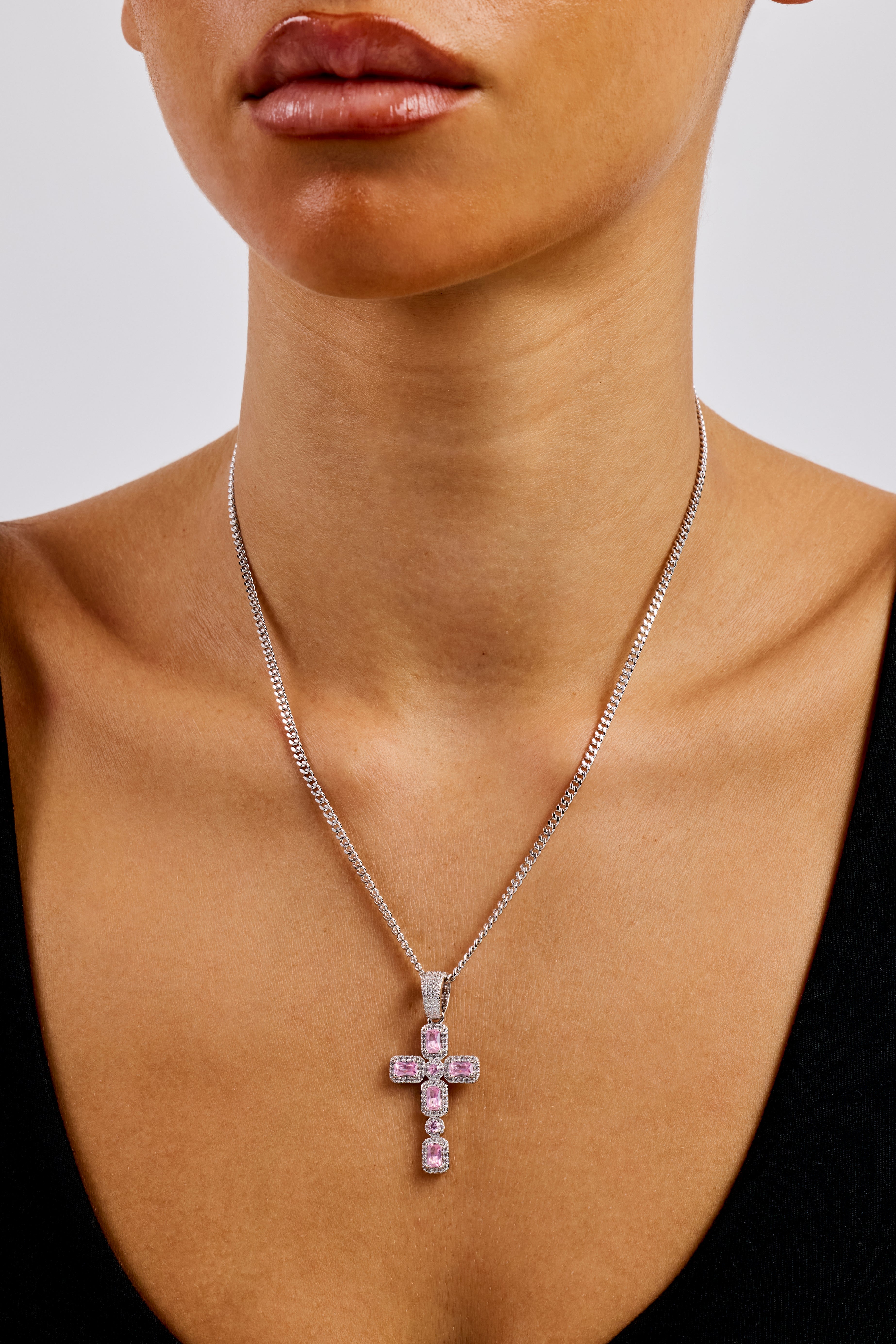 Iced Pink Gemstone Cross Cuban Necklace - 40mm - White
